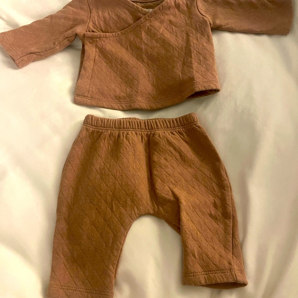 Greyson Collective Brown two piece newborn outfit.